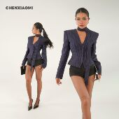 蜜蜜家 外套 绾绾君心 欧美辣妹显瘦修身 条纹V领西装 T095