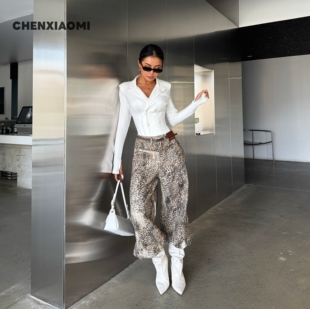 子 垂感遮肉直筒裤 复古豹纹阔腿牛仔裤 TY1080 蜜蜜家