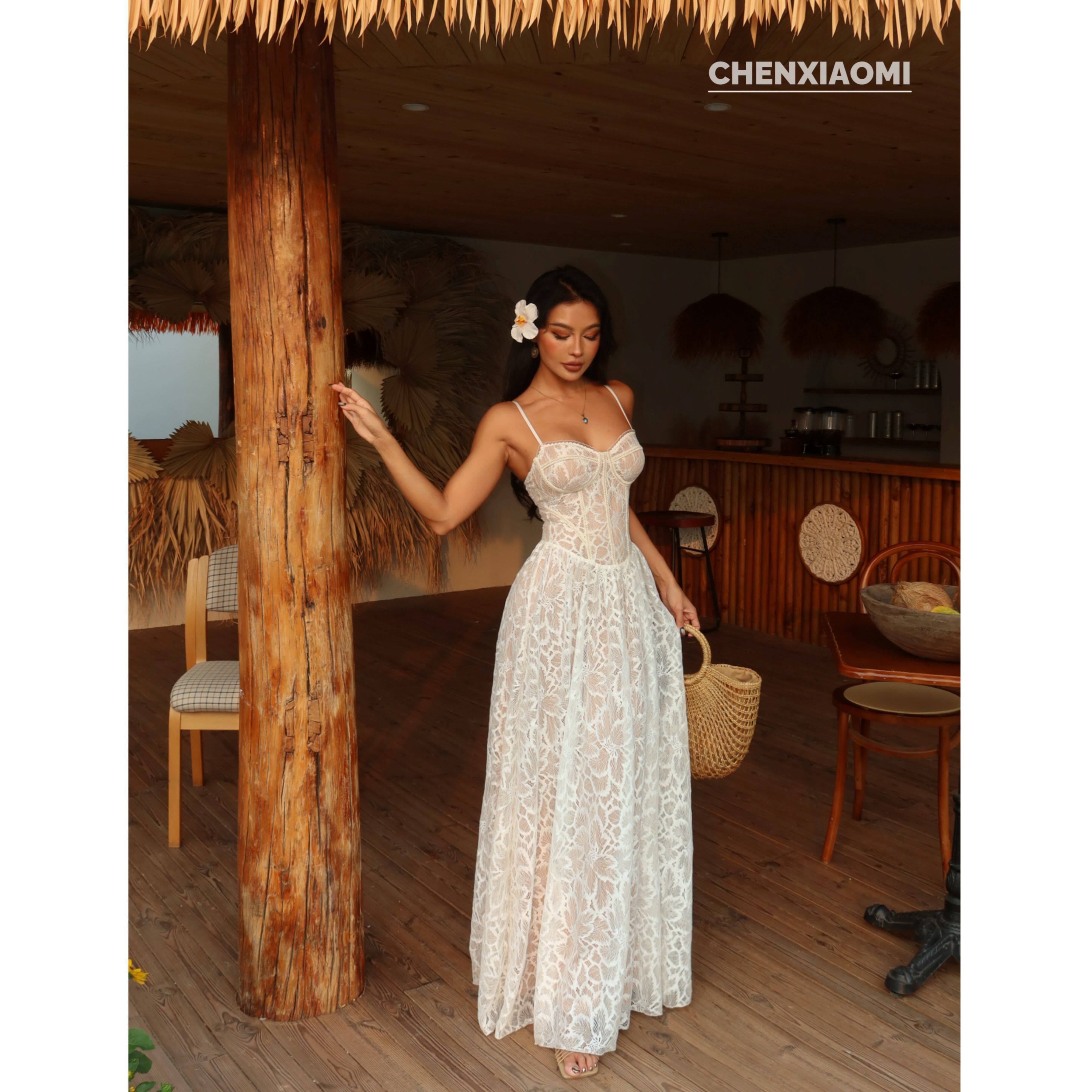 【蜜蜜家】欧美辣妹扶桑恋人蕾丝可拆胸垫连衣裙长裙 ZA113