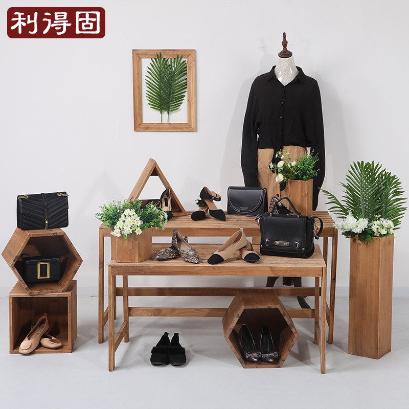 新款高档服装店鞋帽货架木置物架实木展示架全木质高低流水台展台