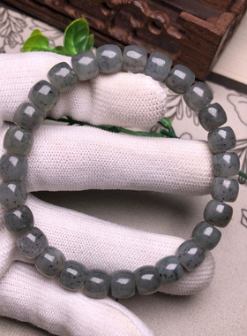 和田玉青花直切老型珠桶珠手链男女款亮面碧玉直切面单圈手串饰品