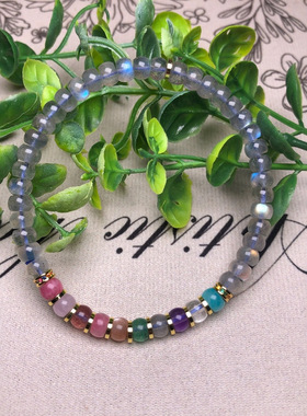 天然灰月光药片手串彩虹拉长石蓝隔片文玩手链配饰批发水晶手工