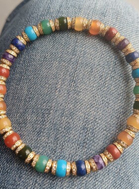 水晶多巴胺多宝药片单圈精工归圆镶嵌铜镀金镶钻手串手链饰品