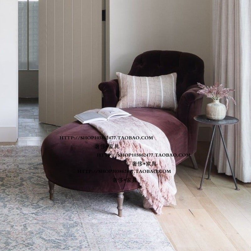 北欧简约美式乡村实木布艺单人位沙发椅贵妃椅贵妃榻躺椅复古家具