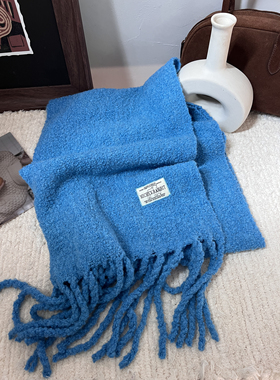 出韩～氛围感蓝色羊驼毛围巾女冬季长款流苏小布标保暖博主款围脖