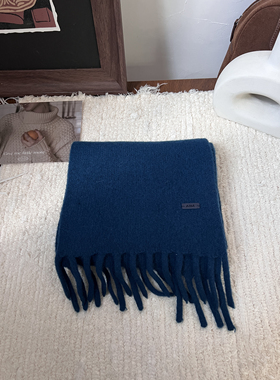 100%澳洲羊毛针织围巾冬季高级感流苏贴布保暖定制蓝色韩国围脖