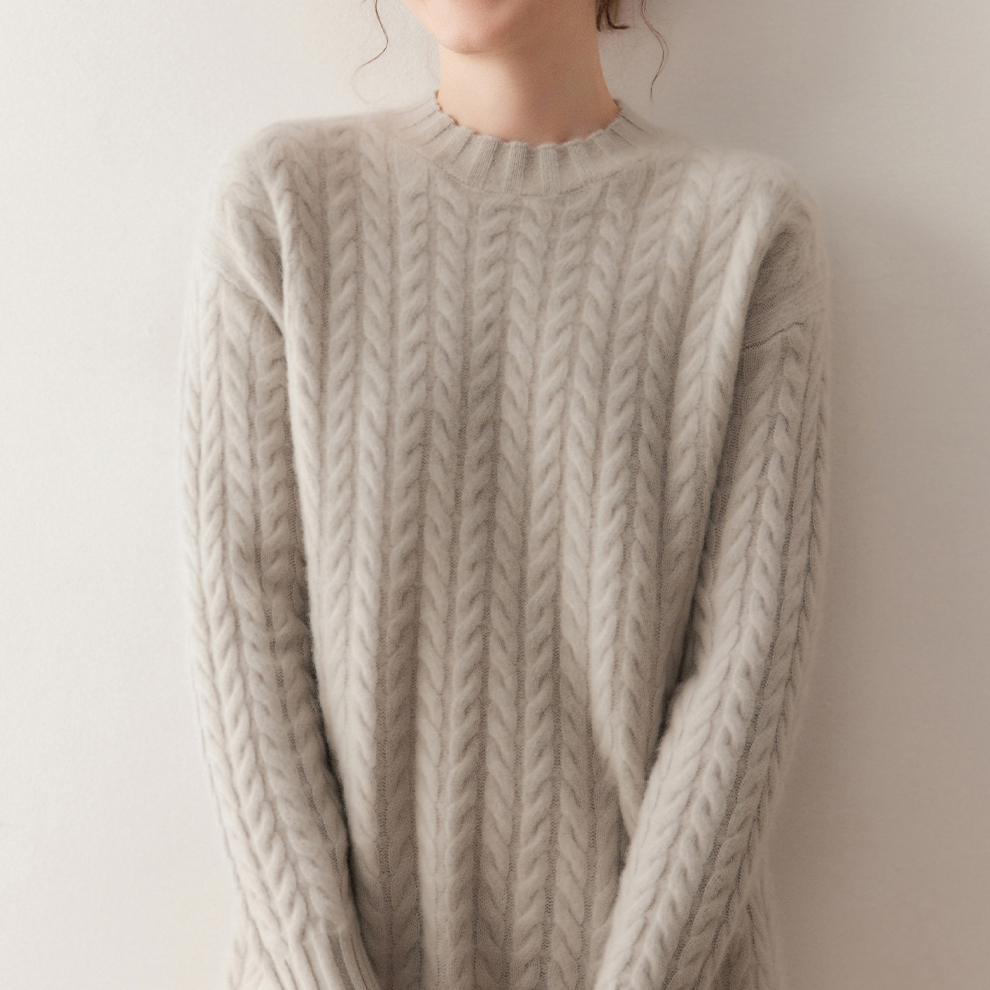 【山羊绒】加厚圆领 7针羊绒扭花中长款连衣裙