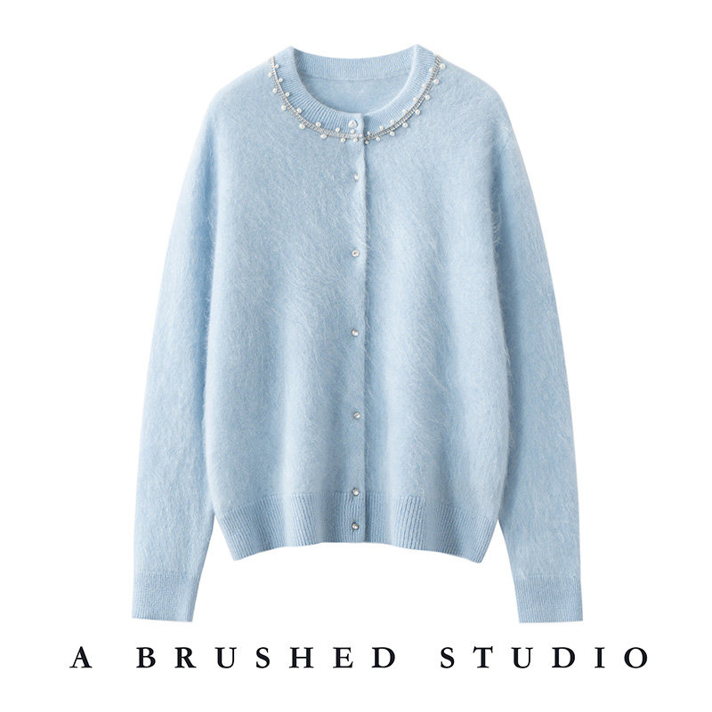 【独享温柔】E家25年新款手工钉珠100%山羊绒拉绒圆领开衫女外套