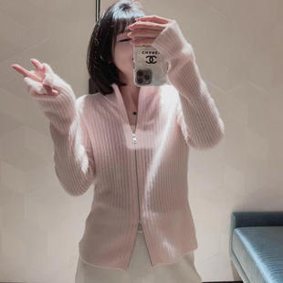 【羊绒山】2025新款刘雯同款双拉链立领抽条羊绒瑜伽紧身打底开衫