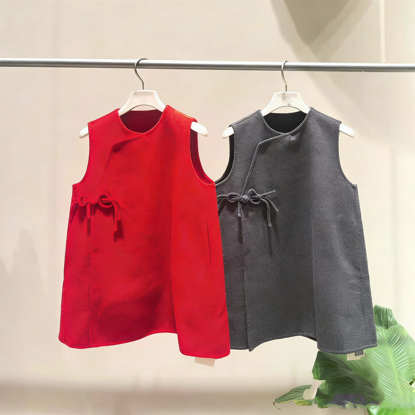 童装定制春季新款女童小众改良版纯色盘扣无袖双面呢子国风连衣裙