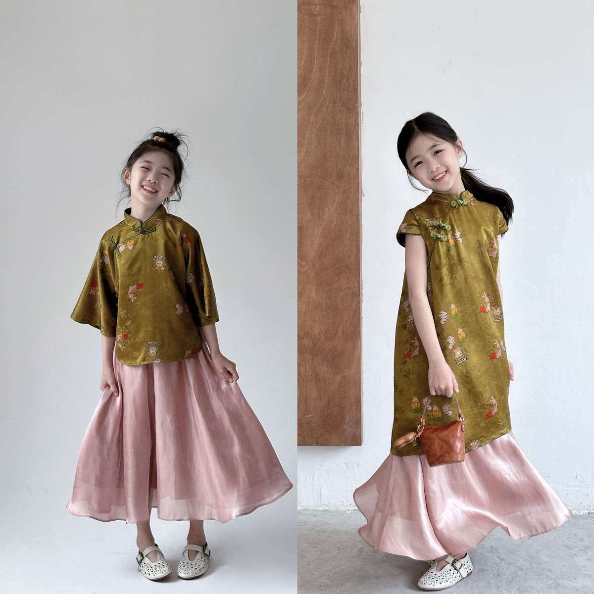 女童国风新中式汉服旗袍裙子上衣