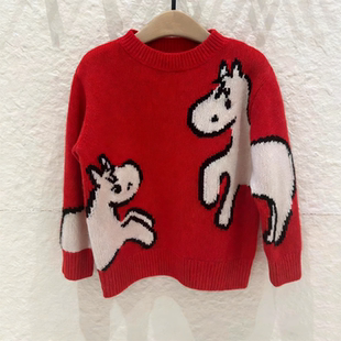 年前发货童装春新款男女童新年款喜气红色小马宽松版套头毛衣上衣