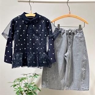 童装定制春新款女童小众设计师款翻领波点上衣网纱拼接POIO衫T恤