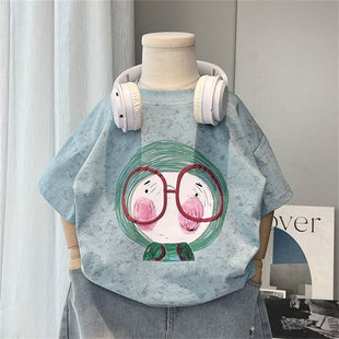 韩系童装夏新款男女童潮酷字母卡通印花宽松扎染休闲短袖T恤上衣