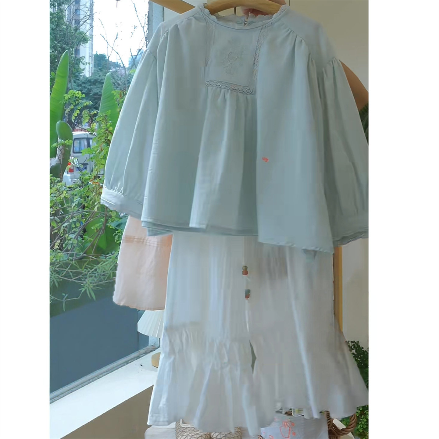 韩版童装春新款女童花边领刺绣长袖衬衫荷叶边轻薄阔腿裤清新套装