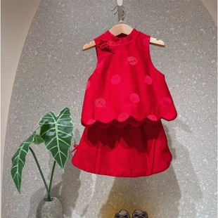 童装定制春新款女童小众红色喜气国风盘扣款夹棉马甲外套过年战袍