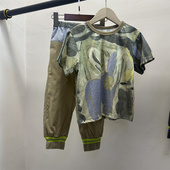 现货童装 两件套套装 定制夏新款 儿童T恤男女童撞色拼接束脚裤