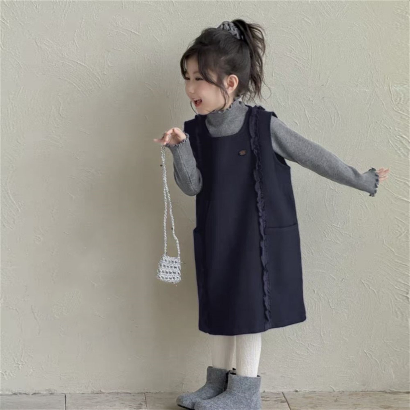 秋冬女拼接无袖连衣裙打底衫套裙