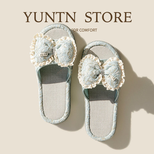 蕾丝蝴蝶结淑女可爱棉麻拖鞋