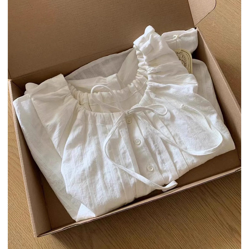 CHAO级推荐！韩系白色棉麻娃娃衫衬衫女圆领抽绳褶皱系带短袖上衣
