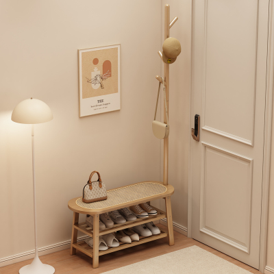 简约实木穿鞋多功能入户门口全实木鞋架家用藤编衣帽架换鞋凳一体