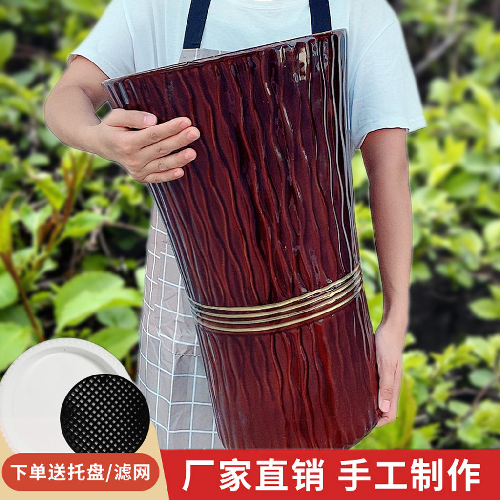 特大号陶瓷花盆棕色金腰线大花盆