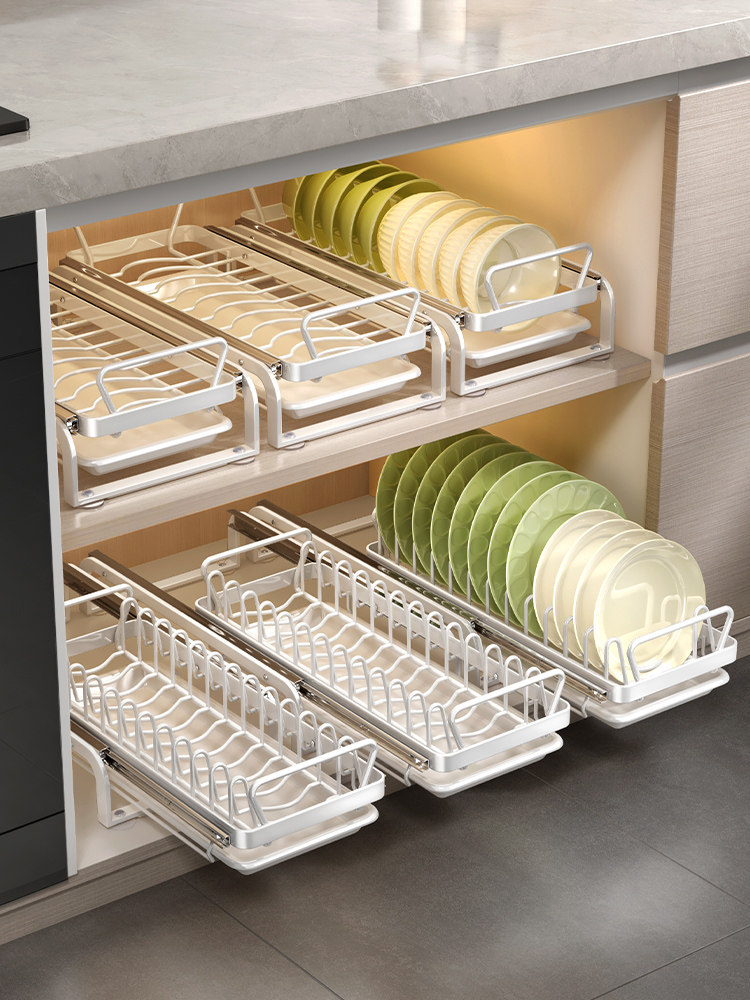 厨房碗碟收纳架橱柜内置抽屉式拉篮抽拉放碗盘盘子沥水置物架碗架