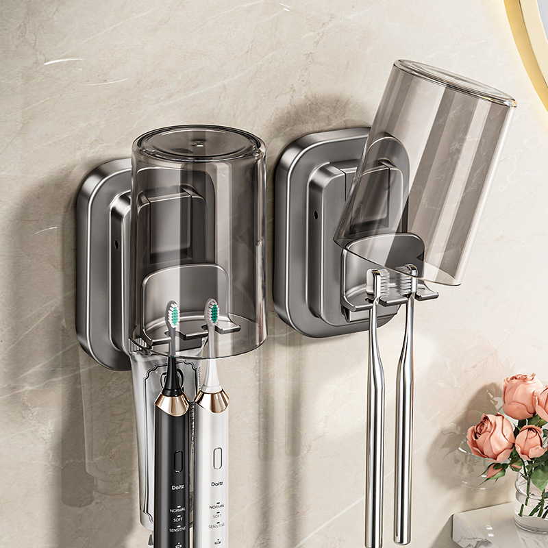 卫生间吸盘牙刷置物架壁挂式浴室收纳牙杯漱口杯电动牙刷牙膏架子