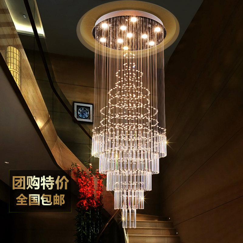 楼梯吊灯 覆式楼 简约现代欧式别墅客厅楼中楼长吊灯圆形水晶吊灯
