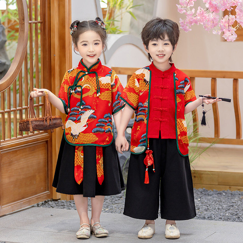 六一儿童汉服演出服男童唐装中国风夏装短袖套装幼儿园古风表演服