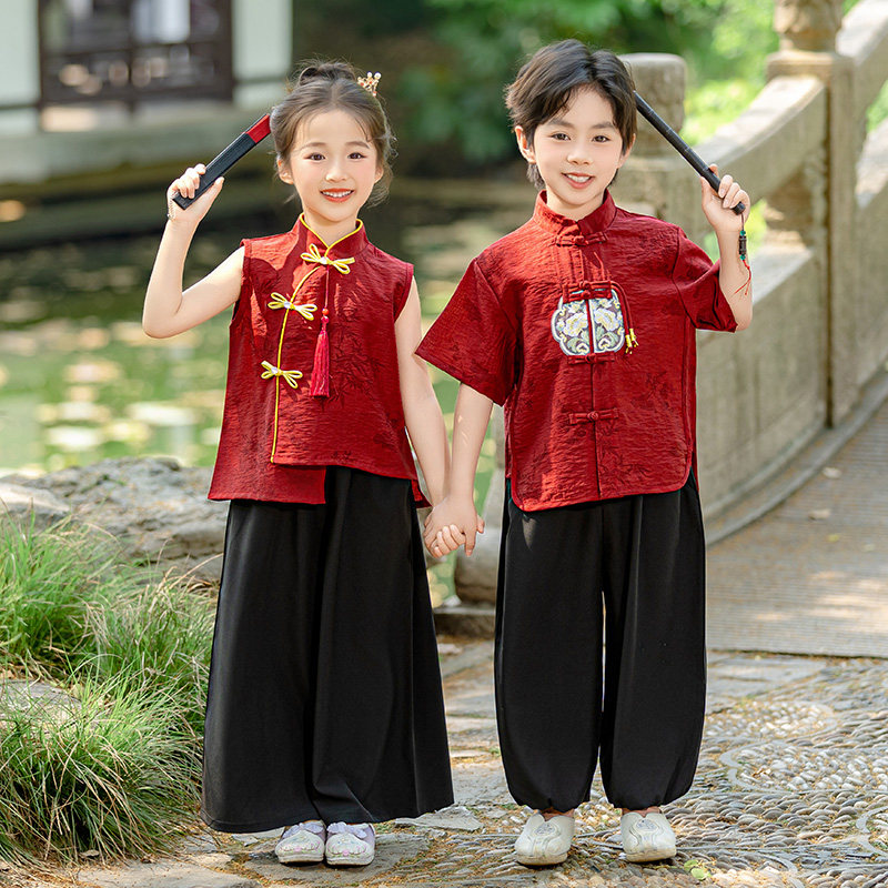 儿童秋季汉服红色中国风演出服男童新中式古风唐装国学演出服
