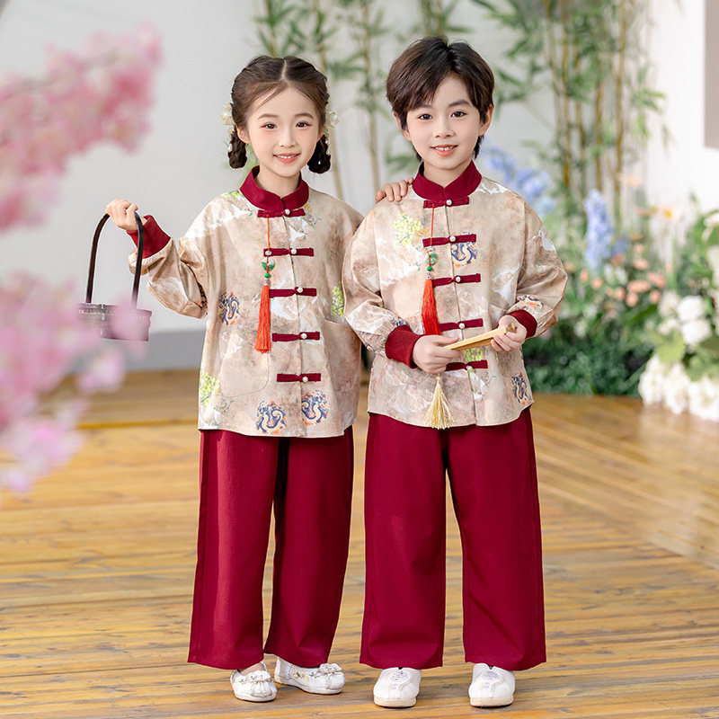 儿童新中式国风唐装演出服男女童春秋款古装幼儿园园服国学表演服