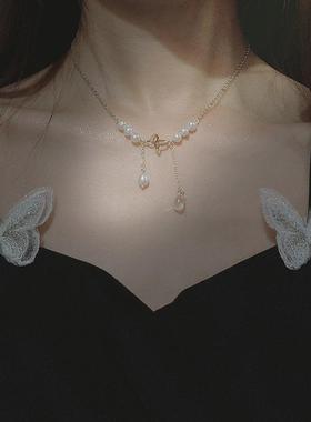 复古法式珍珠项链女蝴蝶水晶轻奢小众锁骨链高级感小众生日礼物