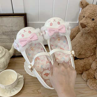 原创 小兔头lo鞋低跟圆头可爱jk学生洛丽塔蝴蝶结平底女鞋
