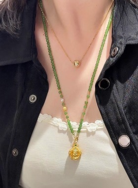 天然碧玉项链女黄金吊坠可拆卸百搭万能链小米珠串珠长款毛衣链