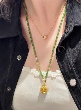 天然碧玉项链女黄金吊坠可拆卸百搭万能链小米珠串珠长款毛衣链