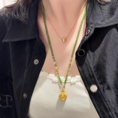 天然碧玉项链女黄金吊坠可拆卸百搭万能链小米珠串珠长款毛衣链
