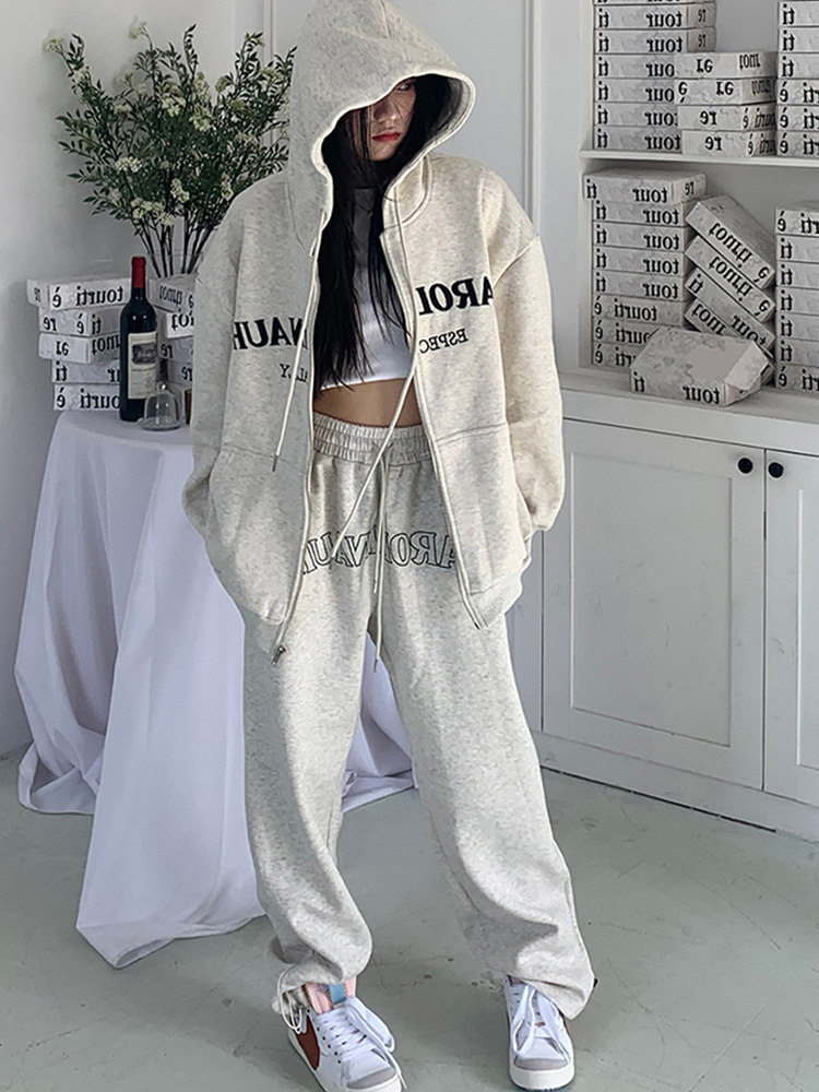 애슬레저웨어 스웨트 셔츠 정장 여성 패션 봄 가을 한국 스타일 루즈하고 슬림한 학생 카디건 재킷 투피스 트렌디 세트