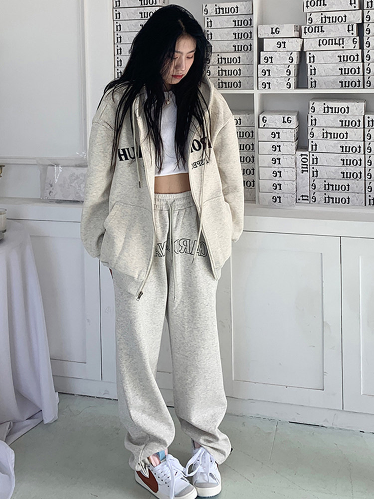 애슬레저웨어 스웨트 셔츠 정장 여성 패션 봄 가을 한국 스타일 루즈하고 슬림한 학생 카디건 재킷 투피스 트렌디 세트