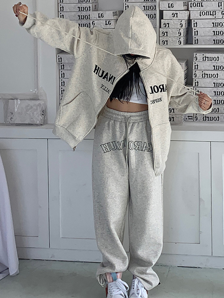 애슬레저웨어 스웨트 셔츠 정장 여성 패션 봄 가을 한국 스타일 루즈하고 슬림한 학생 카디건 재킷 투피스 트렌디 세트