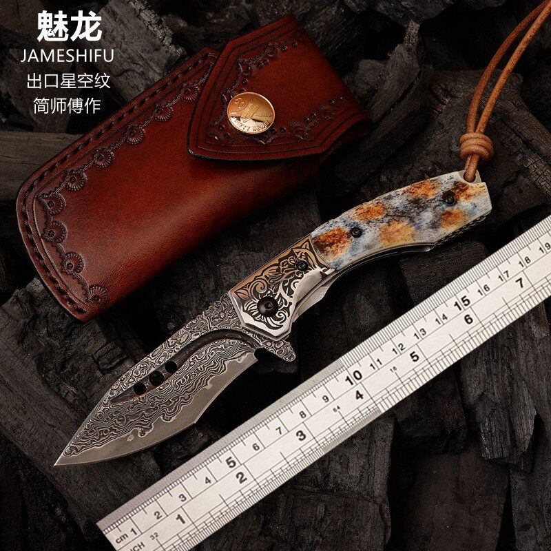 出口版魅龙折刀日本锻造大马士革钢户外露营便携口袋折叠刀手工刀