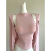 韩系辣妹高领修身 收腰无袖 t恤女长袖 又纯又欲 开衫 两件套上衣秋