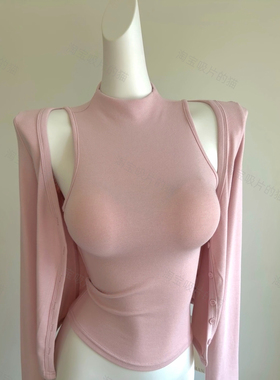 又纯又欲！韩系辣妹高领修身收腰无袖t恤女长袖开衫两件套上衣秋