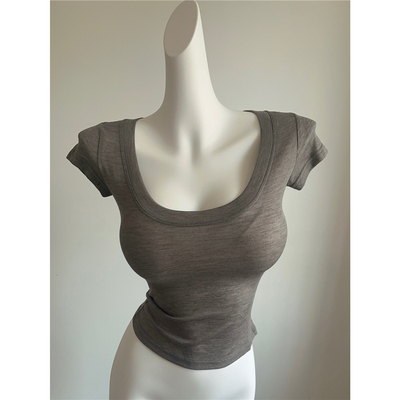 巨纯欲！高透大领口紧身T恤基础款短袖正肩修身纯欲性感U领上衣夏