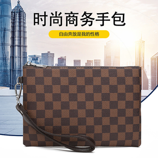 PU男士 手包大容量手拿包单肩包PU格子休闲男包手抓包PU包潮牌