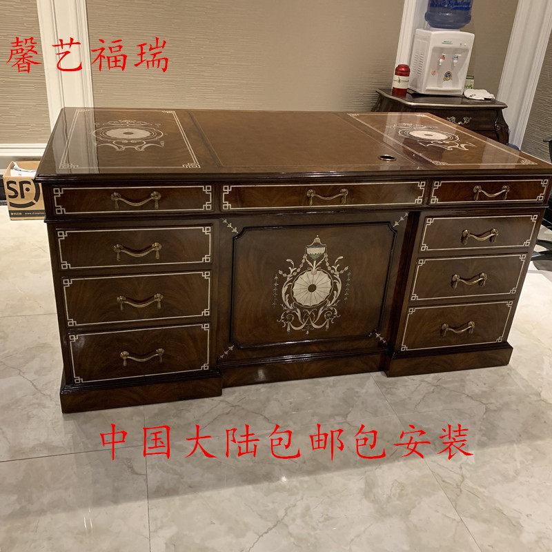 欧式书桌亚历山大家具桃花心木电脑桌别墅大宅镶嵌天然贝壳写字桌