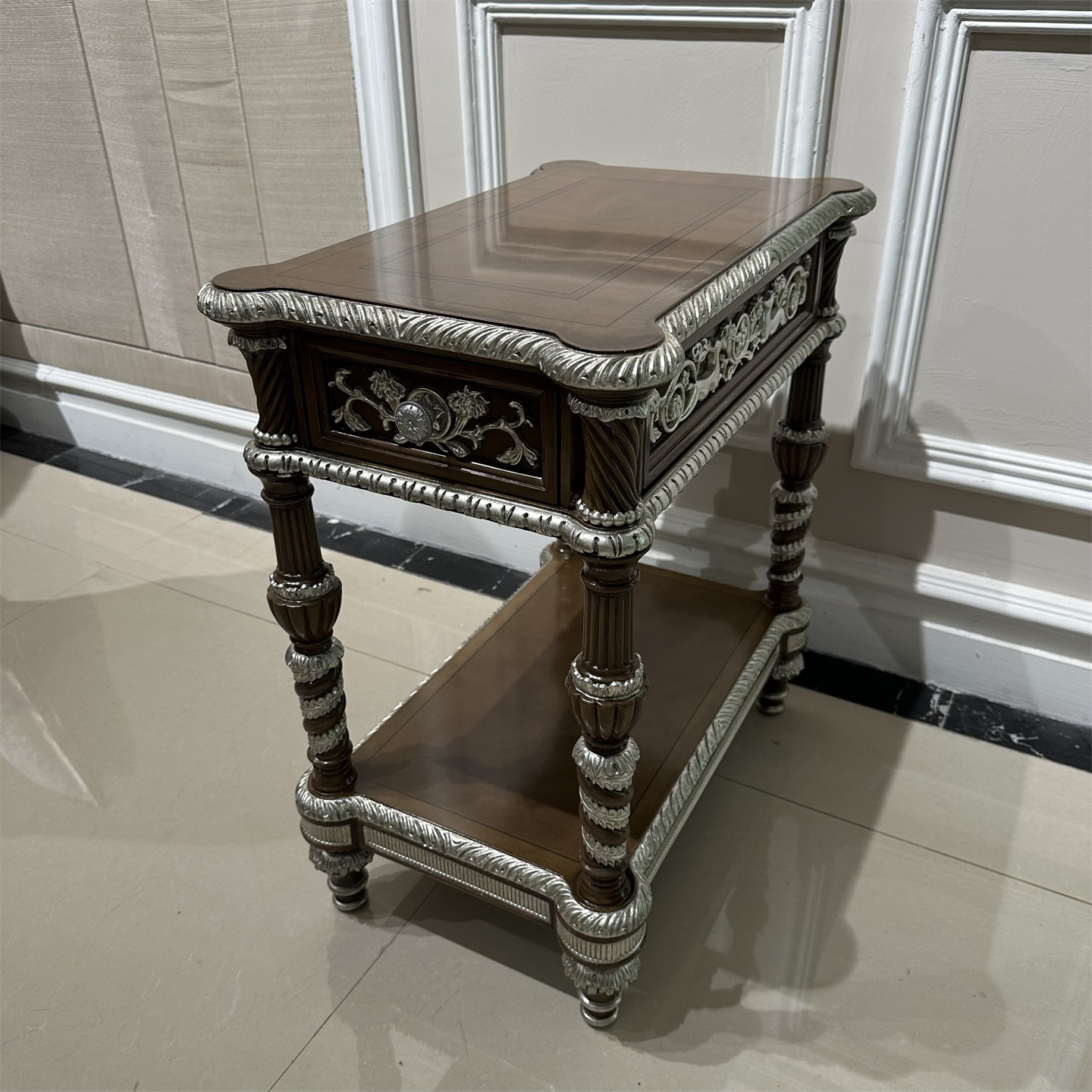 欧式古典实木边几雕花双层储物角几银边装饰客厅家具长方形小茶几