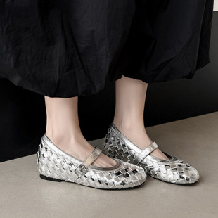 4cm法式编织一字扣玛丽珍鞋女平底浅口鞋圆头小众设计感通勤单鞋