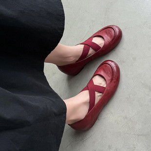 复古风内增高浅口玛丽珍鞋 女圆头新款 气质交叉带红色单鞋 4cm法式