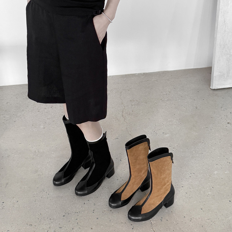 后拉链拼色粗跟中跟舒适中筒靴女